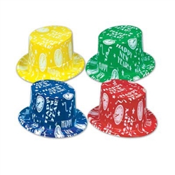 These Almost Midnight Toppers (Assorted Colors) feature a brightly colored plastic hat in one of four colors: blue, red, yellow or green. Each hat features an all-over white print of Happy New Year and various clock faces. Sized to fit most adults.