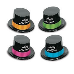 The Neon Legacy Toppers are black plastic top hats with Happy New Years printed in white on the front and a colorful cardstock band around the top. Bands are assorted colors of blue, orange, green, and pink. One size fits most. 25 per pack. No returns.