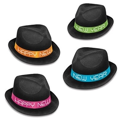 The Neon Glow Chairman Hats are black plastic hats with velour cover and a cardstock band that reads "Happy New Year". Bands come in an assortment of 4 colors: blue, orange, green, and pink. One size fits most. 25 per box. No returns.