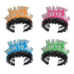 The Neon Tiaras read "Happy New Year" in glitter on a florescent colored cardstock cutout. Attached is a foil band with black fringe. Comes in an assortment of colors including orange, pink, blue, and green. One size fits most. Sold 50 per box. No returns