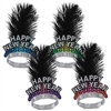 Cheers To The New Year Tiaras feature a Happy New Year card stock front printed in assorted colors of blue, green, purple and red. Adorned with a black feather plume and attached to a metal foil band. Sold in quantities of 50. Adult sized.