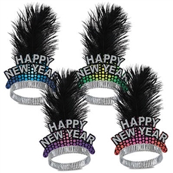 Cheers To The New Year Tiaras feature a Happy New Year card stock front printed in assorted colors of blue, green, purple and red. Adorned with a black feather plume and attached to a metal foil band. Sold in quantities of 50. Adult sized.