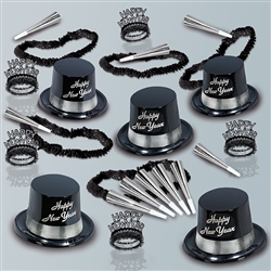 Perfectly sized for a small New Years Eve party, this party kit has enough hats, horns, tiaras, and poly leis to supply up to 10 guests. Black hats and tiaras have silver accents and coordinate with the included silver foil horns and black poly leis.
