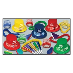 Each assortment contains 25 plastic top hats with a matching 2019 foil band, 25 cardstock foil tiaras that are both glittered and fringed, 30 assorted card stock foil horns, 25 assorted soft-twisted poly leis, and 20 noisemakers