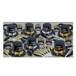 This Silver Gold Legacy Assortment is a sophisticated party kit for 50 that is ready for to help you bring in the New Year. An assortment of top hats, tiaras, leis, noisemakers and bead necklaces ensures there is something for everyone!