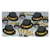 Chairman Gold Asst for 10 is perfect for smaller NYE parties. Each assortment contains hats, tiaras, horns, and beads- enough to outfit up to 10 people. All items are in a black and gold color scheme.