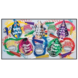 The Americana Asst for 10 is a classically styled New Year's assortment featuring iconic shaped paper Happy New Year hats, tiaras, horns, poly leis, and serpentine throws. Supplies enough NYE accessories for up to 10 people.