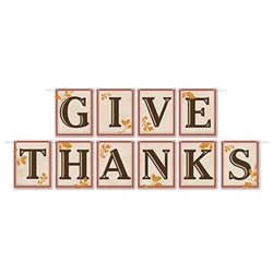 This Give Thanks Pennant Banner is printed on one side of cardstock material, It spells out "Give Thanks" on brown square pennants that are accented with orange colored leaves. Measures 12 feet log with 10 pennants attached.