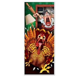 The Wild Turkey Door Cover features a colorful scene depicting a cartoon turkey running for dear life from the cook. Measuring 30 inches wide and 6 feet tall, this door cover adds a fun touch to your Thanksgiving decor. Made of a thin plastic.