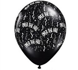 There's no doubt that somebody is having a birthday when you decorate with these 11 inch black latex balloons. Each balloon has the words Over The Hill printed in white, along with dot and swirls of white confetti. Must purchase in quantities of five.