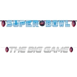 The Super Bowl 52 Banner Combo Pack contains two banners per package. One reads Super Bowl- measures 9 ft long and 10 in tall and the other reads The Big Game- measures 6 ft long and 4 in tall. Made of cardstock. Easy assembly. Cord Included.