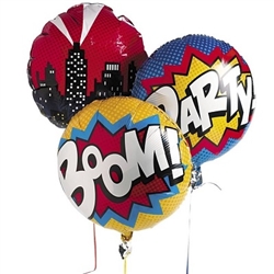 This set of three assorted printed Suphero Mylar Balloons will complete the decorations at your next superhero party. Each measures 18 inches when inflated. One says Party, one says Boom, and one features a city skyline.