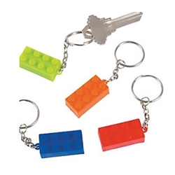 The Brick Key Chains are made of plastic and measure approx 1 inch long. Come in an assortment of vibrant colors including blue, green, orange and red. Contain 24 per package. For ages 3 and up.