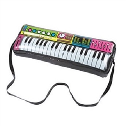 The Inflatable Keyboard is made of vinyl and when inflated measures 9 inches tall and 24 inches long. It's black and printed with vibrant and colorful knobs and dials that resembles an authentic instrument. Contains one (1) per package. No returns.