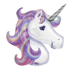 This 33" Pastel Unicorn Balloon is a printed foil balloon in the shape of a unicorn head. It features a white unicorn with a pastel colored flowing mane and silver metallic printed horn. Ships flat. Inflate with helium. One per package.