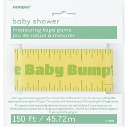 The Measuring Tape Baby Shower Game is a classic game for every baby shower. Guests cut this printed plastic tape to the length they believe mommy-to-be's belly size. Guest closest to the actual size wins! Package includes one 150 foot tape.