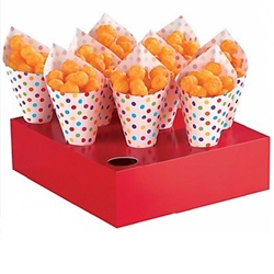 The Snack Cones with Tray - Rainbow feature red card stock serving trays which are designed to hold the included paper mini cones. Paper cones are printed in a  multi-color polka dot pattern. Perfect for carnivals or slumber parties! 40 cones per package.