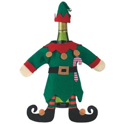 Two-piece green and red felt Elf costume fits easily over a standard 750 ml wine bottle. The body has 2 stuffed elf feet attached, giving it a 3D effect. Place the pointed hat on the bottle top, and you now have the best dressed bottle of wine!
