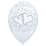 The Entwined Hearts Latex Balloons (6/pkg) are the perfect balloons for any wedding or anniversary celebration. Each white helium quality latex balloon is printed with two interlocking silver hearts against a background of silver vines. Six per pkg.