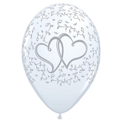 The Entwined Hearts Latex Balloons (6/pkg) are the perfect balloons for any wedding or anniversary celebration. Each white helium quality latex balloon is printed with two interlocking silver hearts against a background of silver vines. Six per pkg.