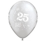 Celebrate the 25 year milestone with these latex printed balloons. Each package contains six balloons. A silver background printed with white number twenty-fives decorate these latex balloons.