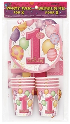 The 1st Birthday Party Pak for 8 - Pink will make decorating for that special little girl's 1st birthday oh so easy! Pack includes 8 cups, 8 dessert plates, 8 napkins and a tablecover! All printed in a pink color scheme with 1st Birthday.