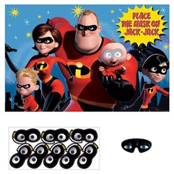 The Incredibles Party Game is made of cardstock and measures 24 1/2 inches by 37 1/2 inches. Each package includes 1 poster, 8 stickers, and 1 paper blindfold. For 2-8 players. See who can get closest to placing the mask on Jack-Jacks face!