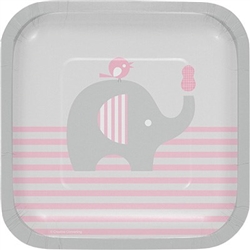 The Little Peanut Pink Dessert Plates are perfectly sized to serve cake and other treats to your baby shower guests. The square coated paper plates feature a baby elephant against a color scheme of pink, grey and white. Eight plates per package.