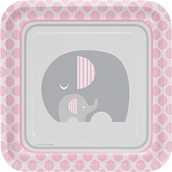 The Little Peanut Pink Dinner Plates are perfect for a baby shower welcoming a new baby girl. 9-inch square coated paper plates feature adorable mother and baby elephant in a pink, white, and grey color scheme. Eight plates per package.