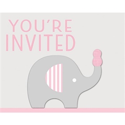 The Little Peanut Pink Invitations will announce the baby shower for the new little boy. Printed in a pink, grey and white color scheme each invitation features an elephant balancing a pink peanut on her trunk. Eight invitations and envelopes per pkg.