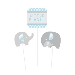 Little Peanut Blue Centerpiece Sticks will help you create lovely centerpieces for your little boy baby shower. Two card stock elephants and a Little Peanut sign are attached to three plastic sticks in varying lengths. Blue, white and grey color scheme.