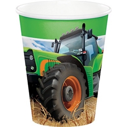 The Tractor Time Hot/Cold Cups feature a big green tractor rolling thru a freshly harvested field of wheat. Each coated paper cup can hold up to 9 ounces of your favorite hot or cold beverage. Eight cups per package. Perfect for a farm theme party!