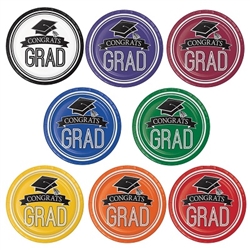 Congrats Grad! Serve up your graduation party food on these dinner sized paper plates. Choose your school color, and you'll receive a package of 18 brightly colored round premium strength coated paper plates.
