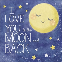 To the Moon and Back Luncheon Napkins feature the phrase I Love you to the Moon and Back printed on these 2-ply paper napkins. A yellow moon and stars are printed against a dark blue background. Sixteen napkins per package.