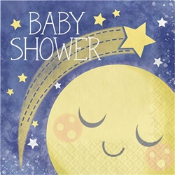 To the Moon and Back Shower Lunch Napkins are perfect for a baby shower. Baby Shower is printed on these 2-ply paper napkins, along with a yellow moon and some stars against a dark blue sky. Sixteen dinner sized napkins per package.