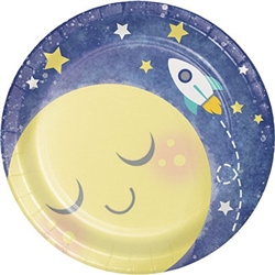 To the Moon and Back Dessert Plates are perfectly sized to hold desserts or appetizers. A yellow moon, stars, and small rocket ship are printed against a dark blue background. 7-inch diameter coated paper plates come in a package of eight.