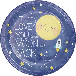 To The Moon and Back Dinner Plates feature that lovely sentiment I love you to the moon and back, along with an image of the moon, stars, and a small rocket ship on a dark blue background. 9-inch coated paper plates come in a package of eight.