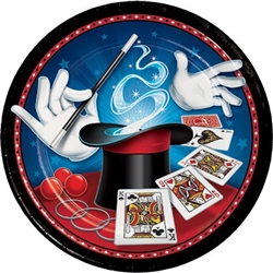 The Magic Party Dinner Plates are the perfect party accessory for anybody that is a fan of magic and slight of hand tricks. These coated paper plates measure almost 9 inches in diameter and feature a colorful image of magic wand, hat, gloves, and cards.
