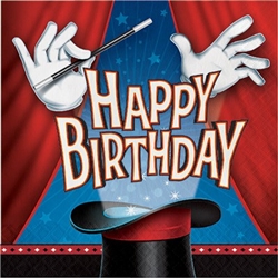 The Magic Party Happy Bday Luncheon Napkins will help magically clean up spills and messes. These 2-ply paper napkins feature a magician's gloved hands waving a magic wand over a magic hat. Happy Birthday appears from the hat. 16 per package.