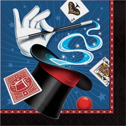 The Magic Party Luncheon Napkin features a colorful printed image of a magician's hat, wand, gloves and playing cards. Each 2-ply paper napkin opens to almost 13 inches, which is ample size to make spills magically disappear. Sixteen napkins per package.