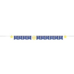 To the Moon Baby Shower Banner is a 9.5 foot banner constructed of individual printed paper board pennant flags. The banner features a yellow moon in the center of the banner, flanked by the words Baby and Shower along with a yellow star at each end.