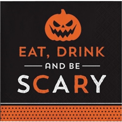 The Halloween Humor Scary Beverage Napkins are fun little napkins featuring the phrase Eat, Drink, and Be Scary. The orange and black color scheme complements traditional Halloween decor. Sixteen 5-inch  2-ply paper napkins per package.