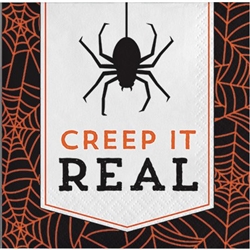 The Halloween Humor Creepy Beverage Napkins are fun little napkins featuring the phrase Creep It Real along with a spider and web printed in an orange and black color scheme. 16 2-ply paper napkins per package. Measures 5 inches square.