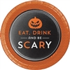 The Halloween Humor Scary Dessert Plates feature a jack-o-lantern and the phrase Eat, Drink and be Scary. Perfectly sized for desserts and appetizers. these black and orange 7-inch printed paper plates come 8 per package.