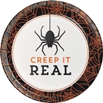The Halloween Humor Creepy Dessert Plates feature a not-so-scary spider and the phrase Creep It Real. The 7-inch paper plate features a color scheme of black, orange, and ivory. An orange spider web decorates the edge of these plates. Eight per package.