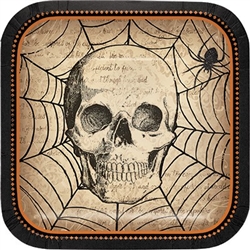 The Spooky Symbols Dessert Plates are perfectly sized for desserts or appetizers. These 7-inch square paper plates feature an image of a skull and spider with web. A black and orange border complements most Halloween decor. 8 plates per package.