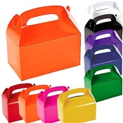 Solid Color Treat Boxes come in the the popular colors of Black, Blue, Green, Orange, Hot Pink, Purple, Red, White, and Yellow. Package will contain 12 solid color treat boxes in the single color you choose. Assembled boxes measure 6 1/4" x 3 1/2" x 6".