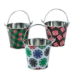 The Casino Pails - Assorted are made of metal with an attached handle. Measure 3 inches tall and 3 1/4 inches across the top. Sold in assorted designs- suits, chips, and dice. Specific designs cannot be requested. Contains one per package.