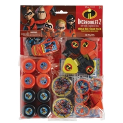 The Incredibles Mega Mix Favors includes 8 dog tag keychains, 8 maze puzzles, 8 yo-yos, 8 siren whistles, 8 mini tops, and 8 maps with activity sheets. WARNING: toys contain small parts. For ages 3 and Up. Contains (48) pieces per package.