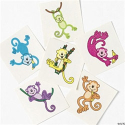 1 1/2 inch Neon Monkey Tattoos in assorted designs and sell them in packages of 36. Temporary Neon Monkey Tattoos make fantastic party favors for kids & adults. Sold 36/package.